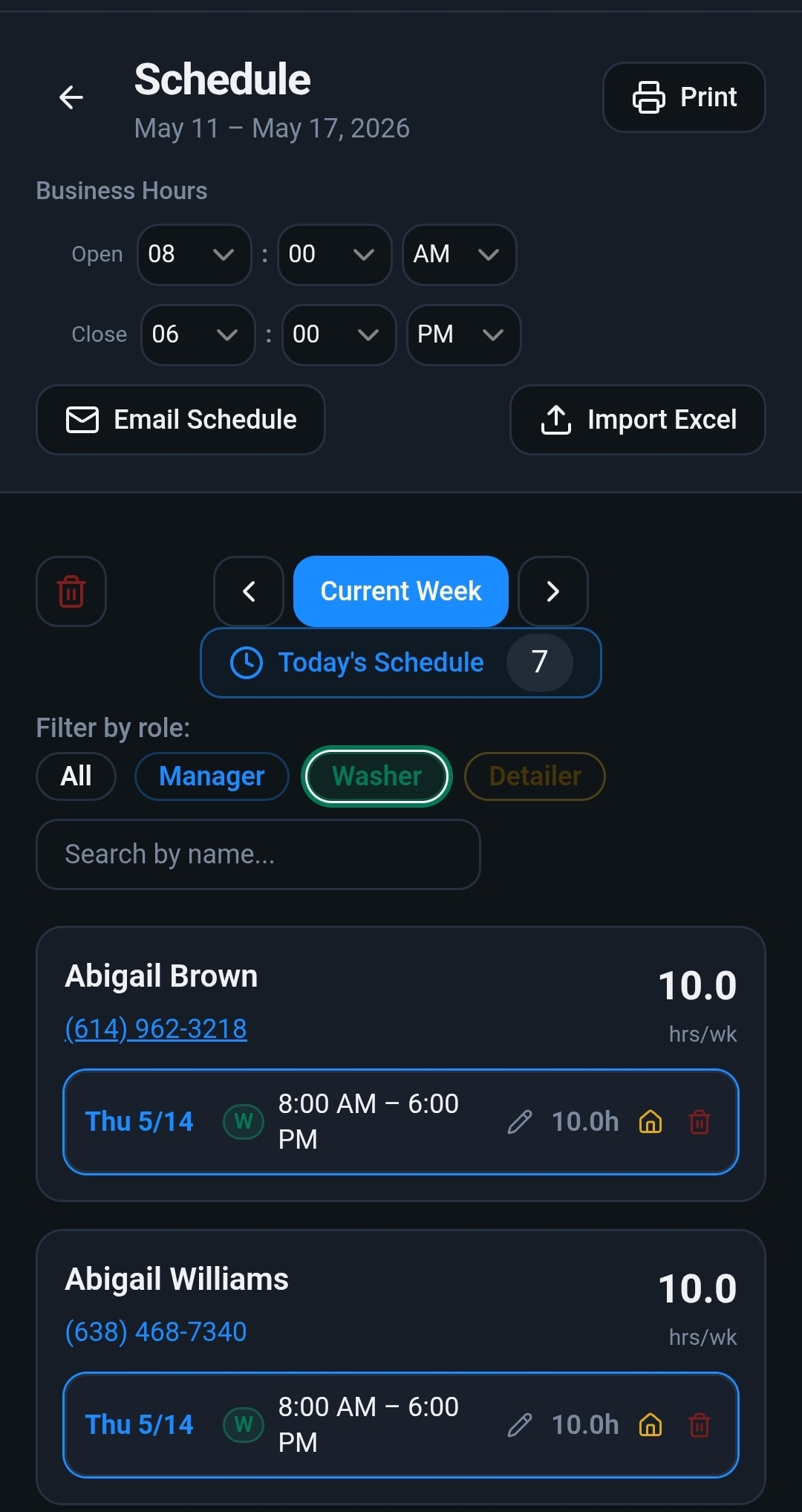 Staff Schedule screen