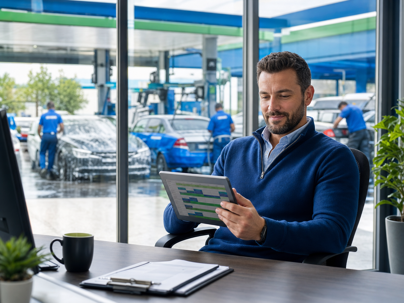Car wash manager reviewing scheduling data